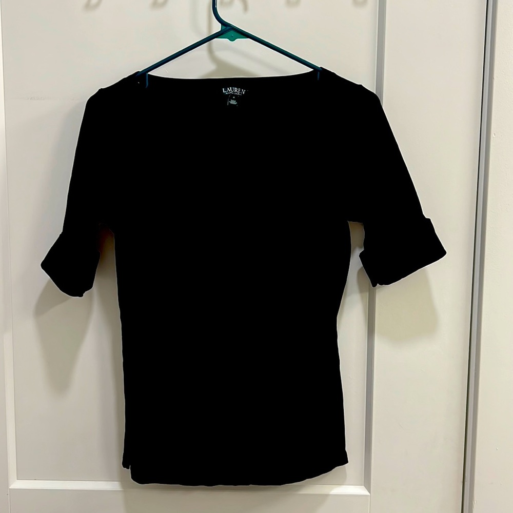 Lauren Ralph Lauren Black Cuffed Short Sleeve Tee Size Medium